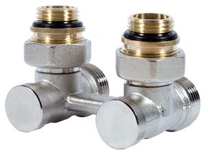 Uzavíratelné šroubení „H“ 1/2“x3/4“ rohové s plochým těsněním pro VK radiátory, vřetena včetně 2ks adaptérů A12